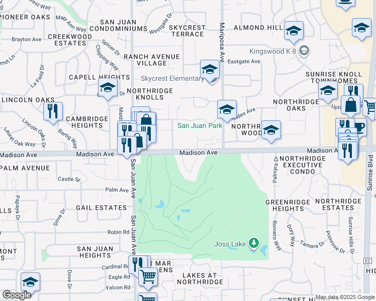 map of restaurants, bars, coffee shops, grocery stores, and more near Madison Avenue in Sacramento County