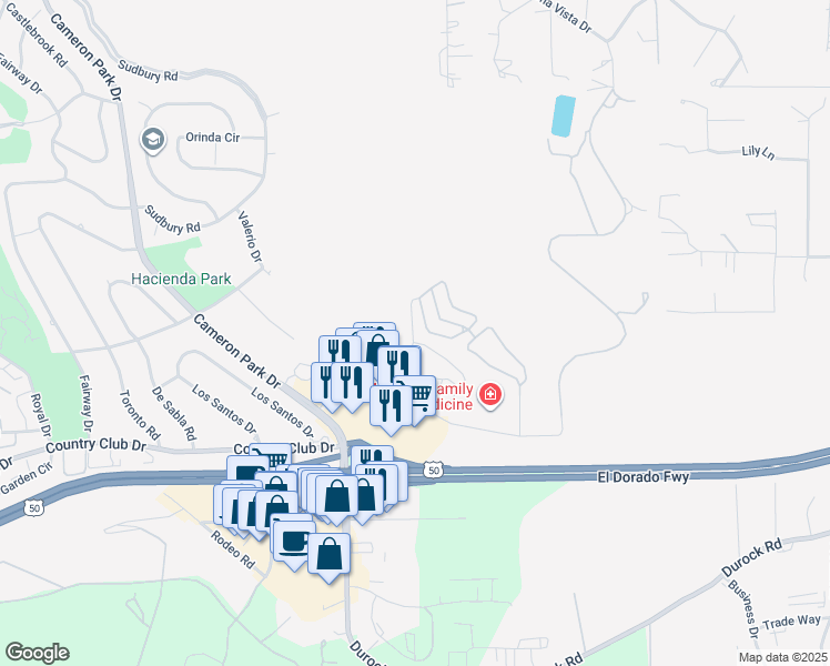 map of restaurants, bars, coffee shops, grocery stores, and more near 3106 Ponte Morino Drive in Cameron Park