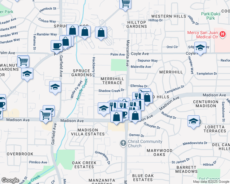 map of restaurants, bars, coffee shops, grocery stores, and more near 5755 Shadow Creek Drive in Sacramento