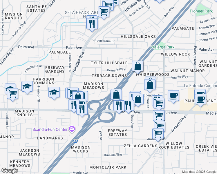 map of restaurants, bars, coffee shops, grocery stores, and more near 4510 Zachary Way in Sacramento
