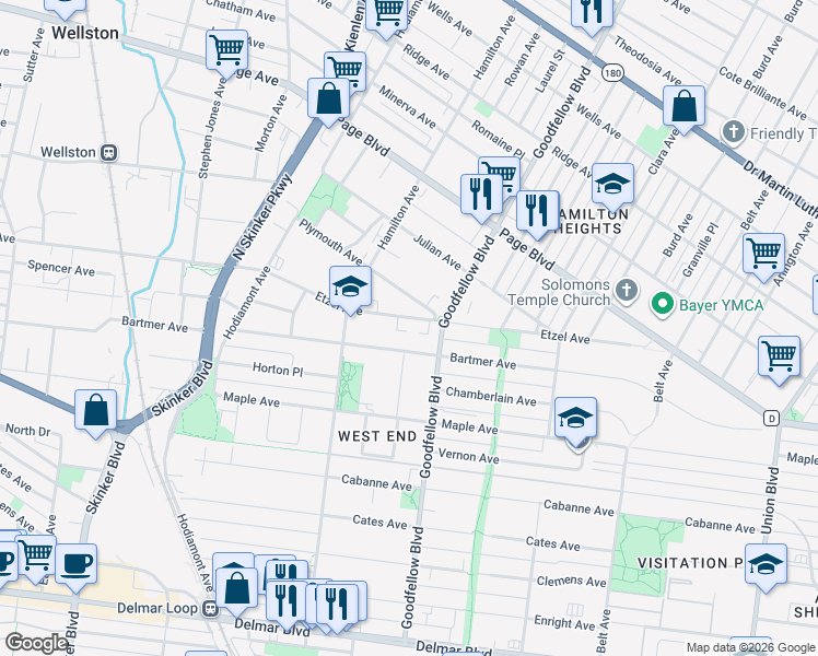 map of restaurants, bars, coffee shops, grocery stores, and more near 5834 Etzel Avenue in St. Louis