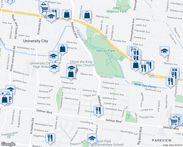 map of restaurants, bars, coffee shops, grocery stores, and more near 7201 Balson Avenue in University City