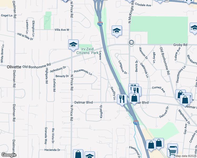 map of restaurants, bars, coffee shops, grocery stores, and more near 8694 Kingsbridge Lane in St. Louis