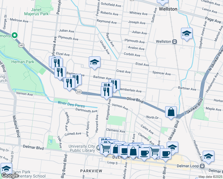 map of restaurants, bars, coffee shops, grocery stores, and more near 6704 Chamberlain Avenue in University City