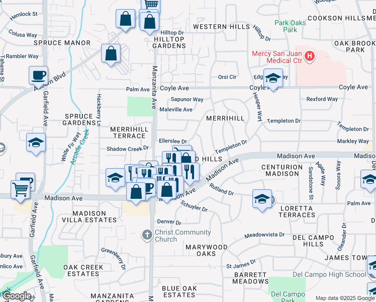 map of restaurants, bars, coffee shops, grocery stores, and more near 6018 Rutland Drive in Carmichael