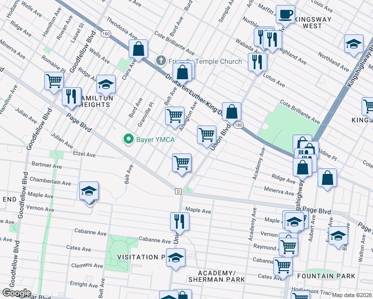 map of restaurants, bars, coffee shops, grocery stores, and more near 5346 Ridge Avenue in St. Louis