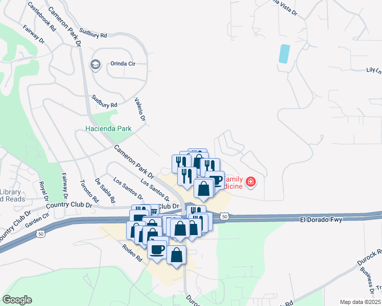 map of restaurants, bars, coffee shops, grocery stores, and more near 3433 Palmer Drive in Cameron Park