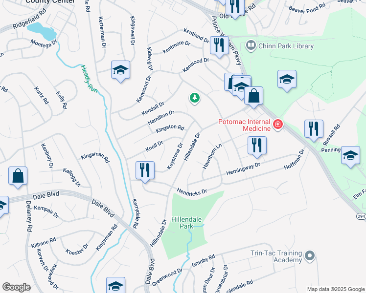 map of restaurants, bars, coffee shops, grocery stores, and more near 13305 Keystone Drive in Woodbridge