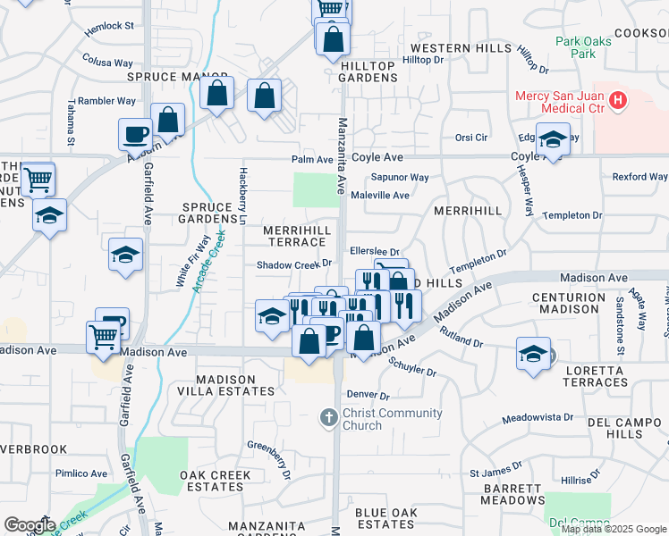 map of restaurants, bars, coffee shops, grocery stores, and more near 5325 Manzanita Avenue in Carmichael