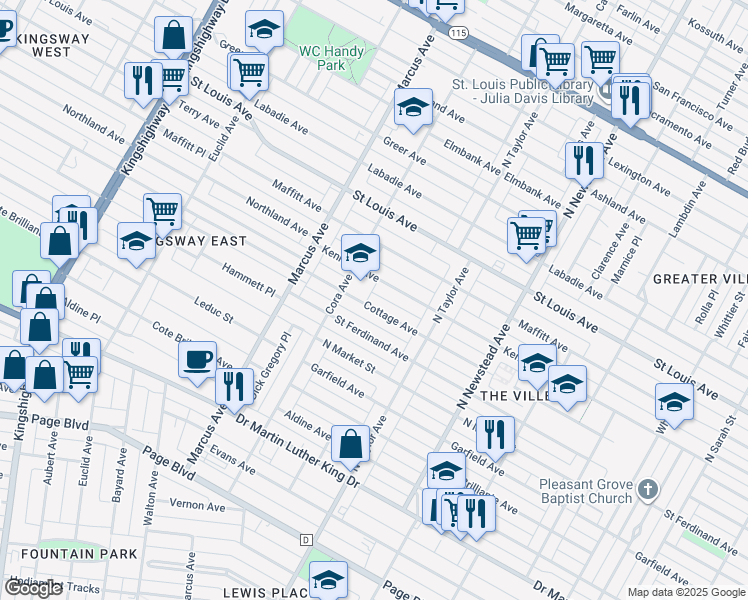 map of restaurants, bars, coffee shops, grocery stores, and more near 4581 Cottage Avenue in St. Louis