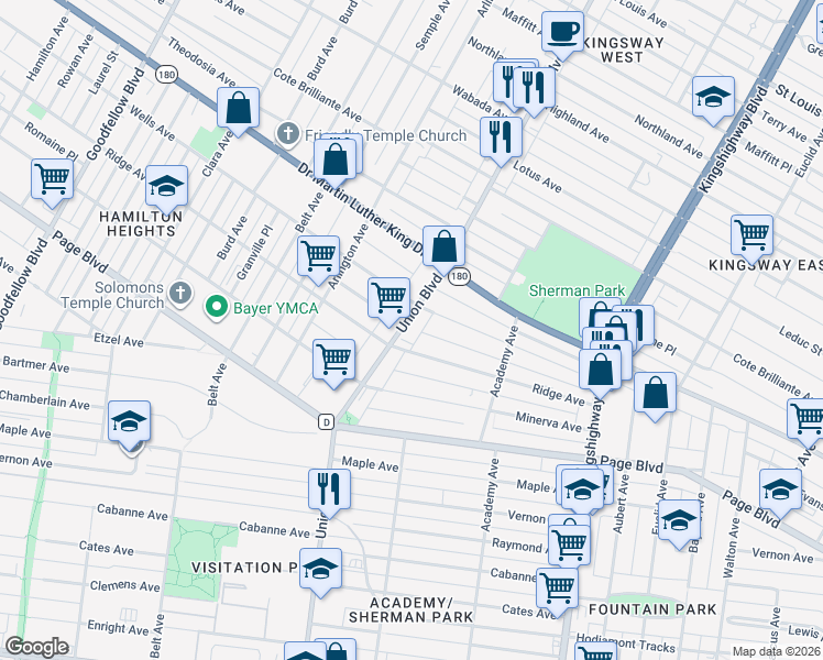 map of restaurants, bars, coffee shops, grocery stores, and more near 5234 Wells Avenue in St. Louis