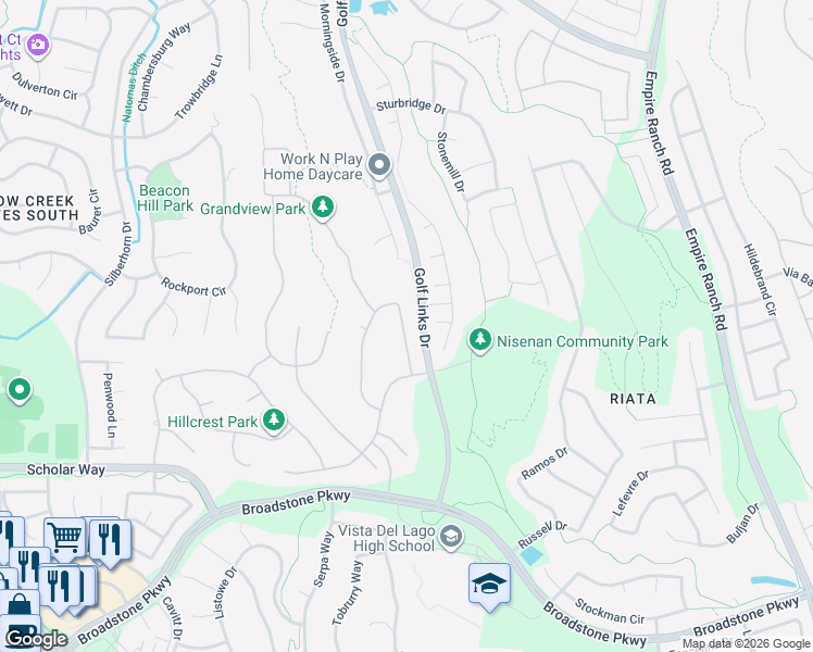 map of restaurants, bars, coffee shops, grocery stores, and more near 723 Misty Ridge Circle in Folsom