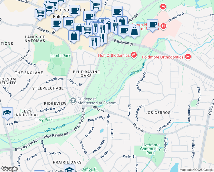 map of restaurants, bars, coffee shops, grocery stores, and more near 1200 Creekside Drive in Folsom