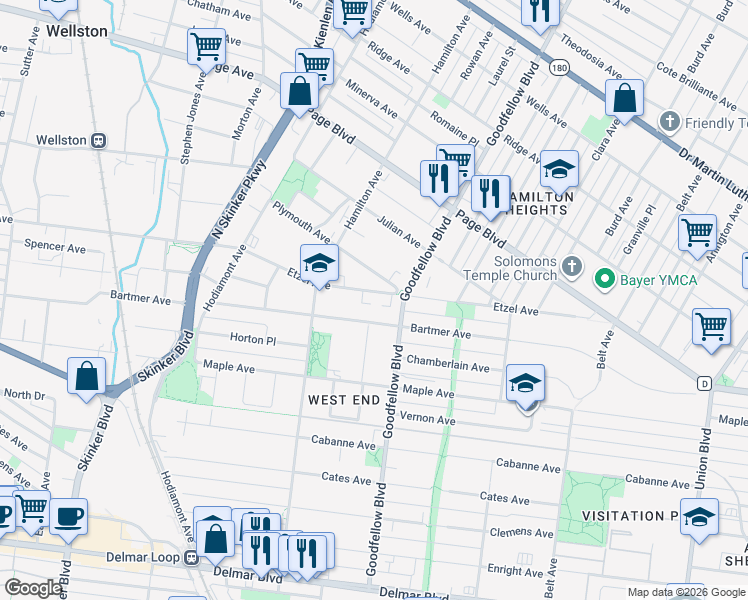 map of restaurants, bars, coffee shops, grocery stores, and more near 5834 Etzel Avenue in St. Louis