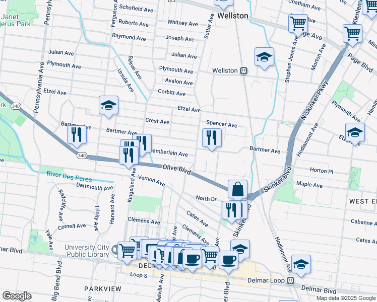map of restaurants, bars, coffee shops, grocery stores, and more near 6513 Chamberlain Avenue in University City