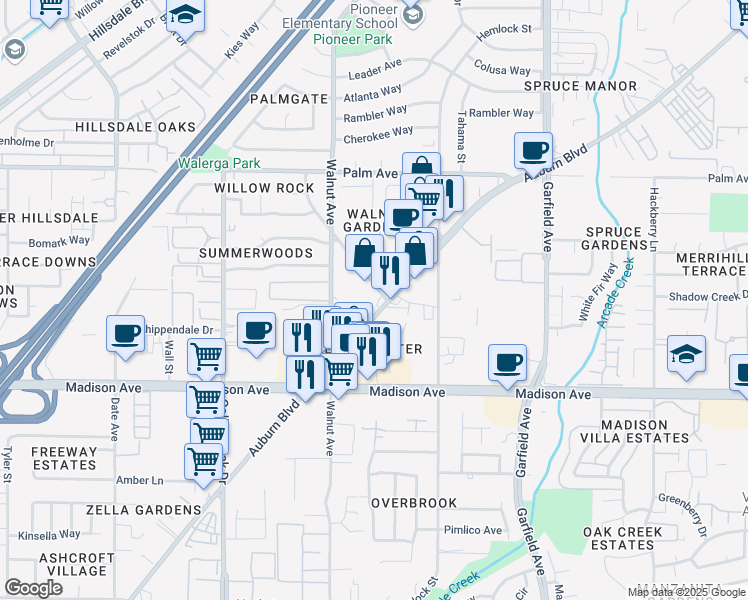 map of restaurants, bars, coffee shops, grocery stores, and more near 5181 Auburn Boulevard in Sacramento
