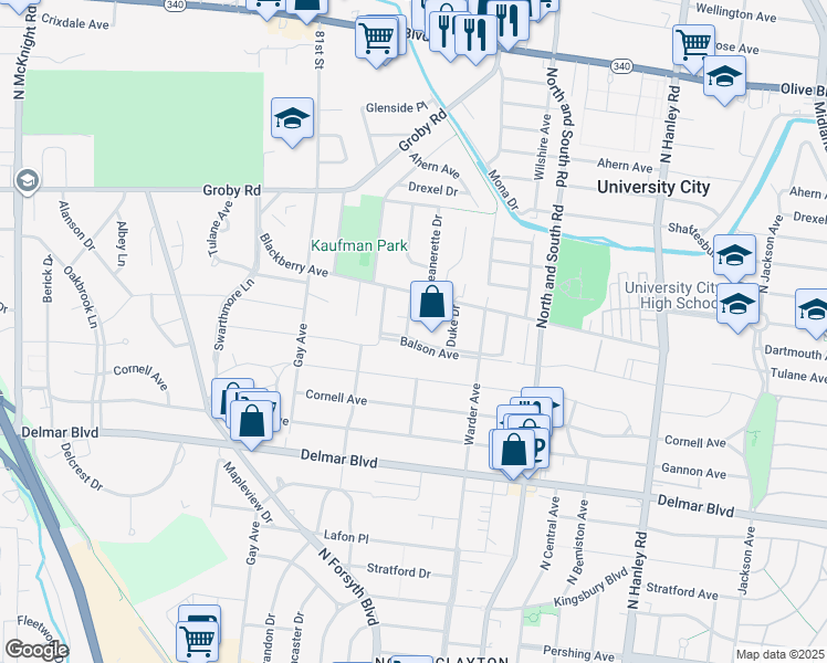map of restaurants, bars, coffee shops, grocery stores, and more near 7853 Balson Avenue in St. Louis