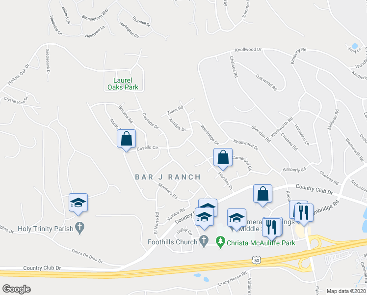 map of restaurants, bars, coffee shops, grocery stores, and more near 3560 Covello Circle in Cameron Park
