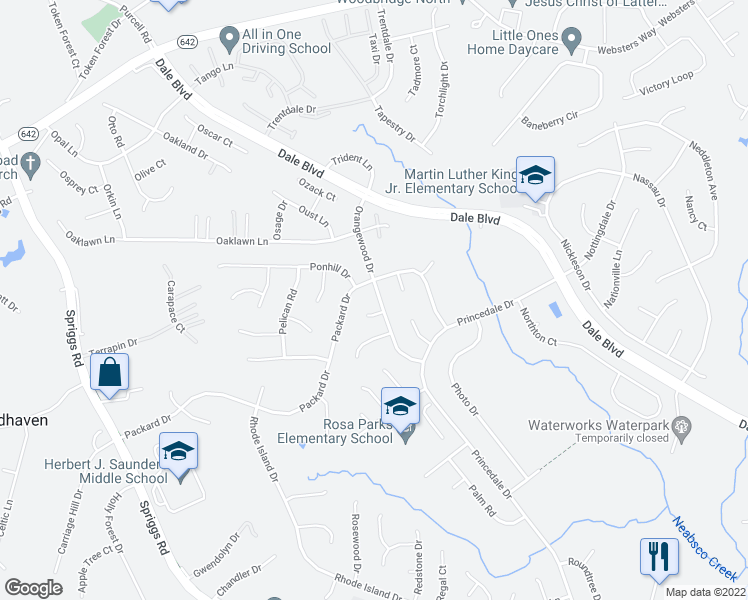 map of restaurants, bars, coffee shops, grocery stores, and more near 13440 Orangewood Drive in Woodbridge