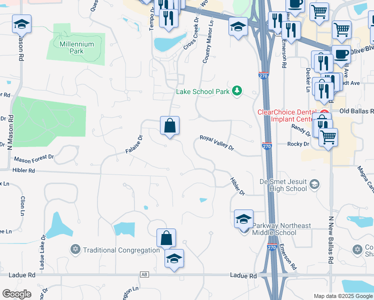 map of restaurants, bars, coffee shops, grocery stores, and more near 376 Country Glen Lane in Creve Coeur
