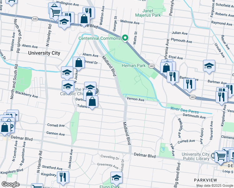 map of restaurants, bars, coffee shops, grocery stores, and more near 7201 Balson Avenue in University City