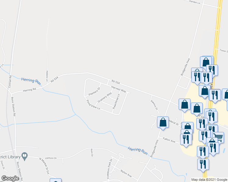 map of restaurants, bars, coffee shops, grocery stores, and more near 403 Grainery Way in Seaford