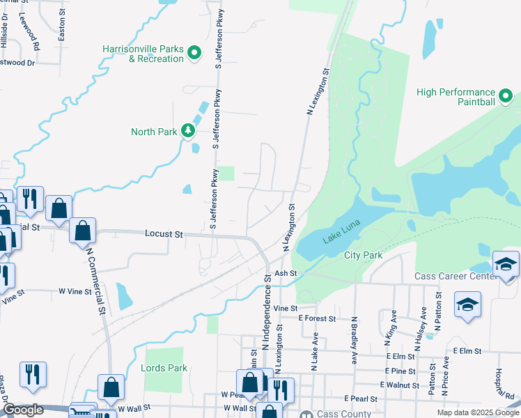 map of restaurants, bars, coffee shops, grocery stores, and more near 5 New Castle Circle in Harrisonville