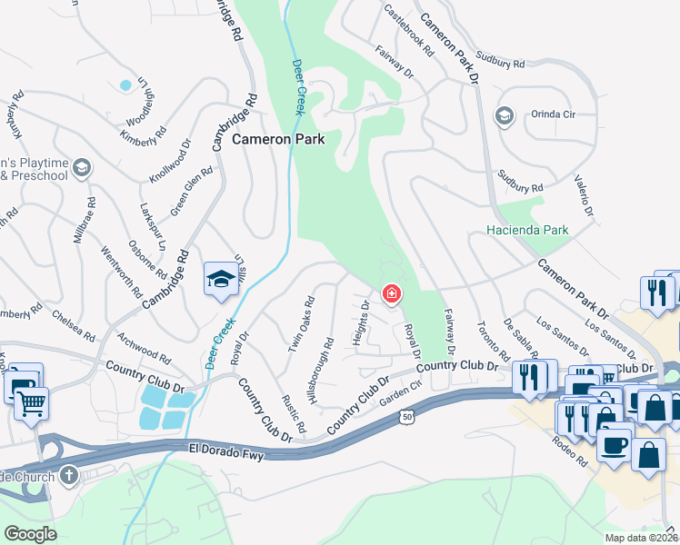 map of restaurants, bars, coffee shops, grocery stores, and more near 3788 Hillsborough Road in Cameron Park