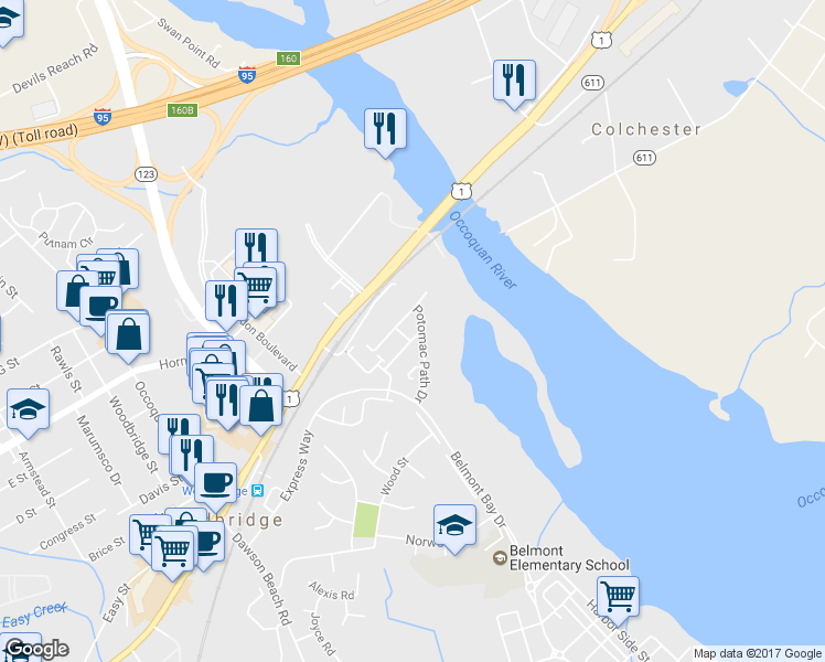 map of restaurants, bars, coffee shops, grocery stores, and more near 13346 Ferry Landing Lane in Woodbridge