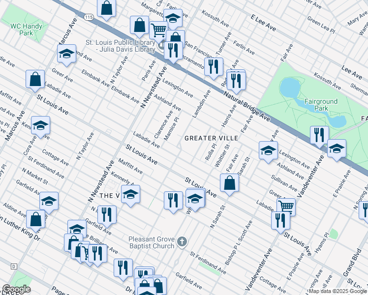 map of restaurants, bars, coffee shops, grocery stores, and more near 3015 Lambdin Avenue in St. Louis