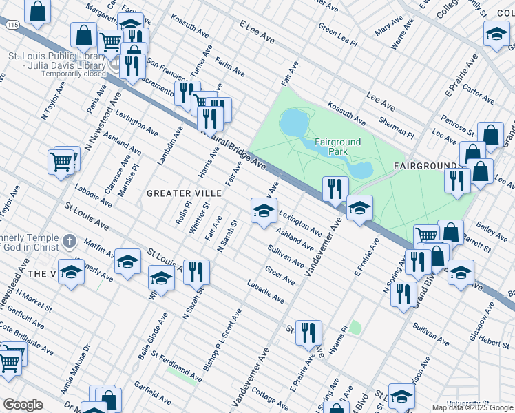 map of restaurants, bars, coffee shops, grocery stores, and more near 3515 Clay Avenue in St. Louis