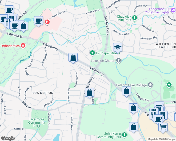 map of restaurants, bars, coffee shops, grocery stores, and more near 750 Dornoch Court in Folsom