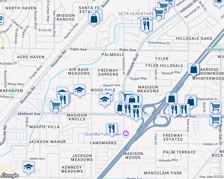 map of restaurants, bars, coffee shops, grocery stores, and more near 4210 Oberon Avenue in North Highlands