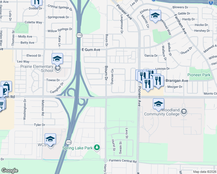 map of restaurants, bars, coffee shops, grocery stores, and more near 1586 Grass Valley Drive in Woodland
