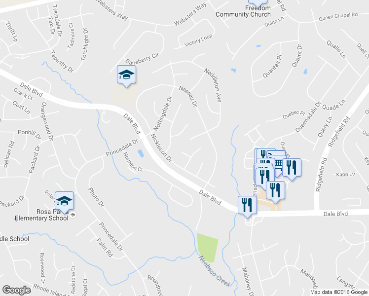 map of restaurants, bars, coffee shops, grocery stores, and more near 5604 Nibbs Court in Woodbridge