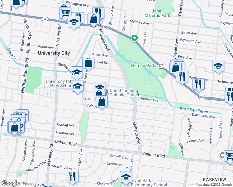 map of restaurants, bars, coffee shops, grocery stores, and more near 7245 Balson Avenue in University City