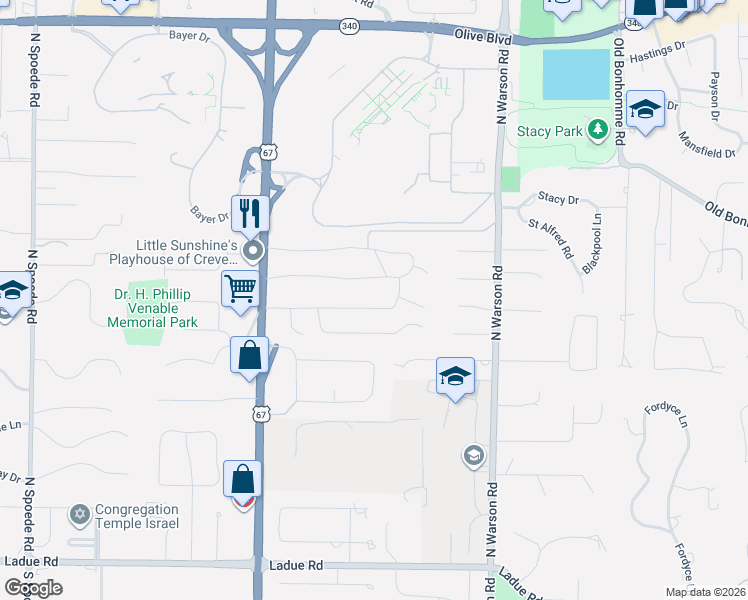 map of restaurants, bars, coffee shops, grocery stores, and more near 23 Beaver Drive in Creve Coeur
