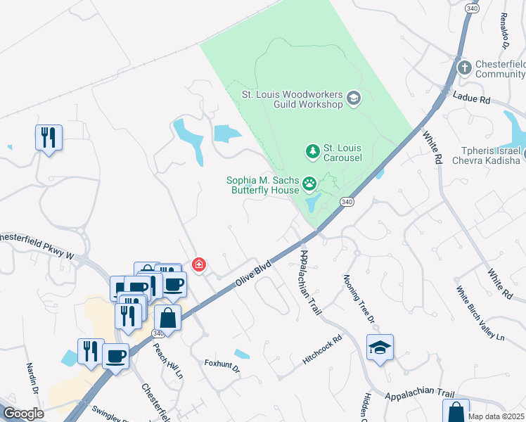 map of restaurants, bars, coffee shops, grocery stores, and more near 40 Village View Drive in Chesterfield