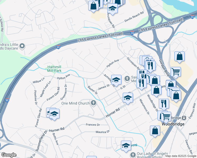 map of restaurants, bars, coffee shops, grocery stores, and more near 1609 Hylton Avenue in Woodbridge