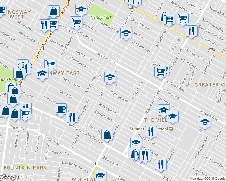 map of restaurants, bars, coffee shops, grocery stores, and more near 4581 Cottage Avenue in St. Louis