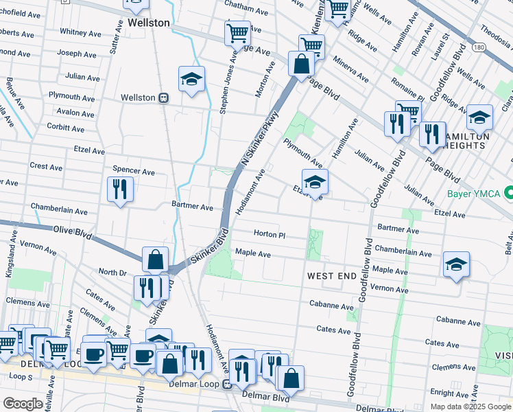 map of restaurants, bars, coffee shops, grocery stores, and more near 6037 Bartmer Avenue in St. Louis