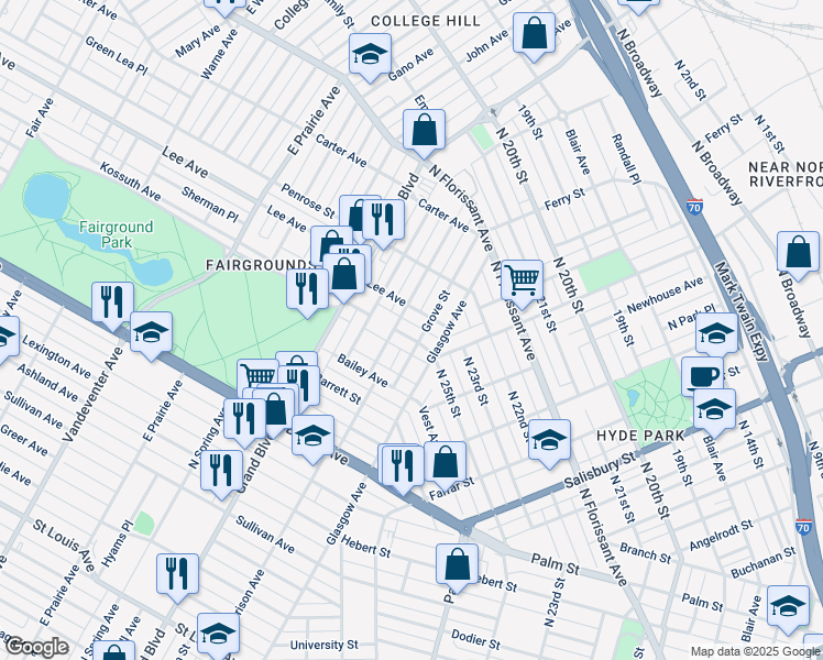 map of restaurants, bars, coffee shops, grocery stores, and more near 3013 Kossuth Avenue in St. Louis