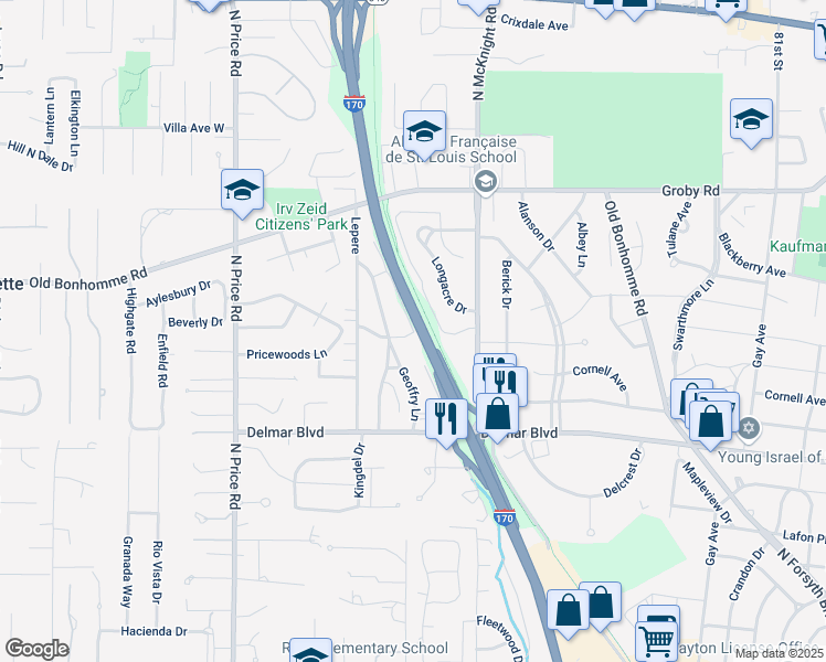 map of restaurants, bars, coffee shops, grocery stores, and more near 8650 Kingsbridge Ln in University City