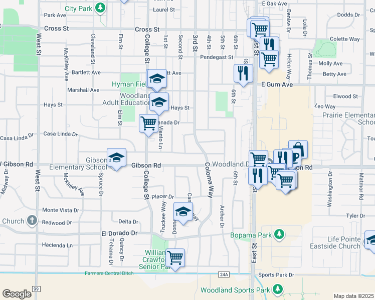 map of restaurants, bars, coffee shops, grocery stores, and more near 1321 Westwood Way in Woodland