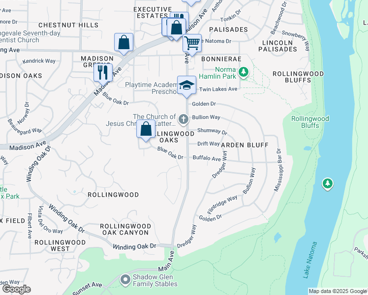 map of restaurants, bars, coffee shops, grocery stores, and more near 5345 Main Ave in Orangevale