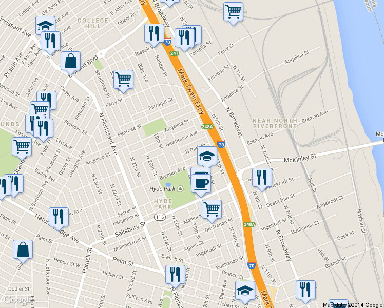 map of restaurants, bars, coffee shops, grocery stores, and more near 1418 North Park Place in St. Louis