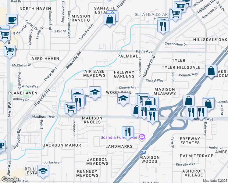 map of restaurants, bars, coffee shops, grocery stores, and more near 5325 Wallaby Way in North Highlands