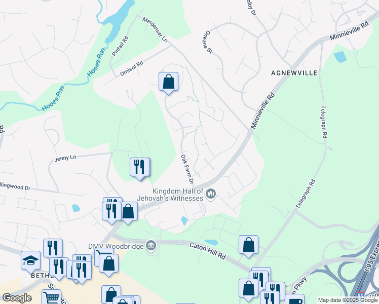 map of restaurants, bars, coffee shops, grocery stores, and more near 13213 Oak Farm Drive in Woodbridge