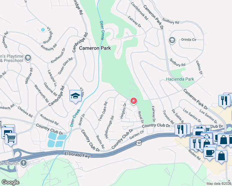 map of restaurants, bars, coffee shops, grocery stores, and more near 3788 Hillsborough Road in Cameron Park