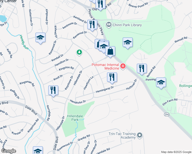 map of restaurants, bars, coffee shops, grocery stores, and more near 13221 Hawthorn Lane in Woodbridge